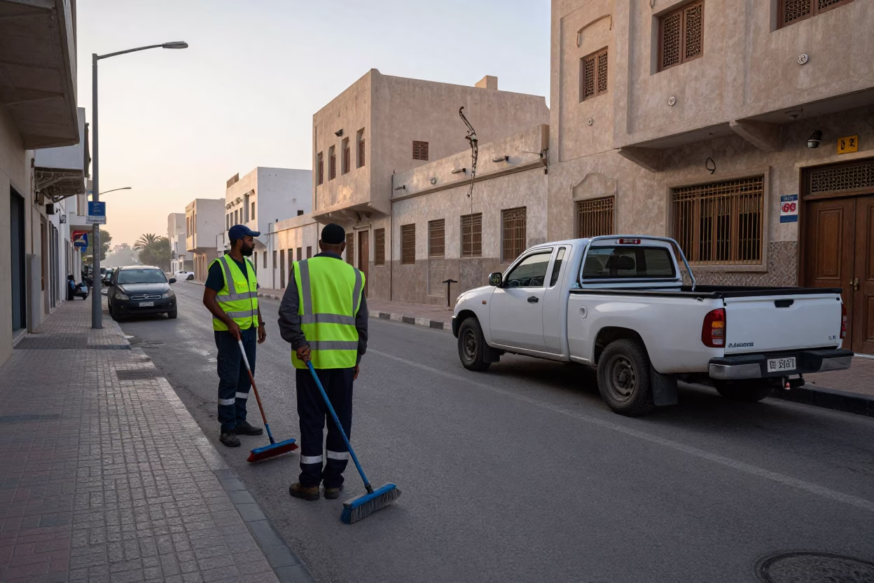 Early Morning Muscat Street Scene with Cleaning Tools and Local Architecture in in Muscat, Oman