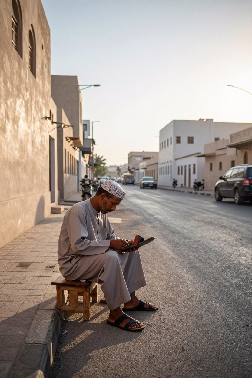Early Morning Muscat Street Scene with Cobbler Repairing Sandals Near Traditional Architecture in in Muscat, Oman