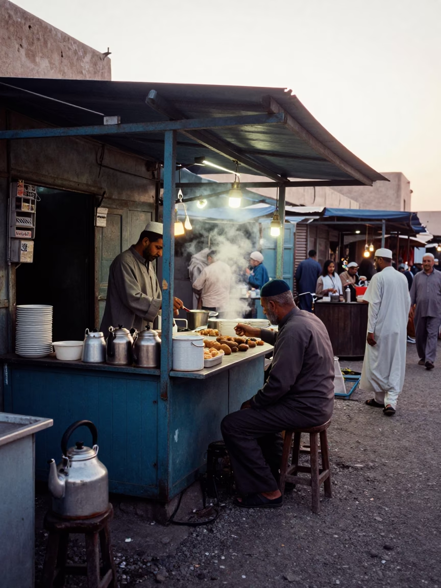 Early Morning Muscat Street Scene with Electric Kettle and Sardines in Local Market in in Muscat, Oman
