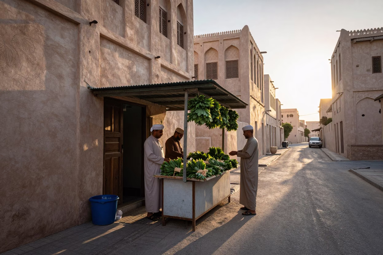 Early Morning Muscat Street Scene with Herb Stall and Traditional Architecture in in Muscat, Oman