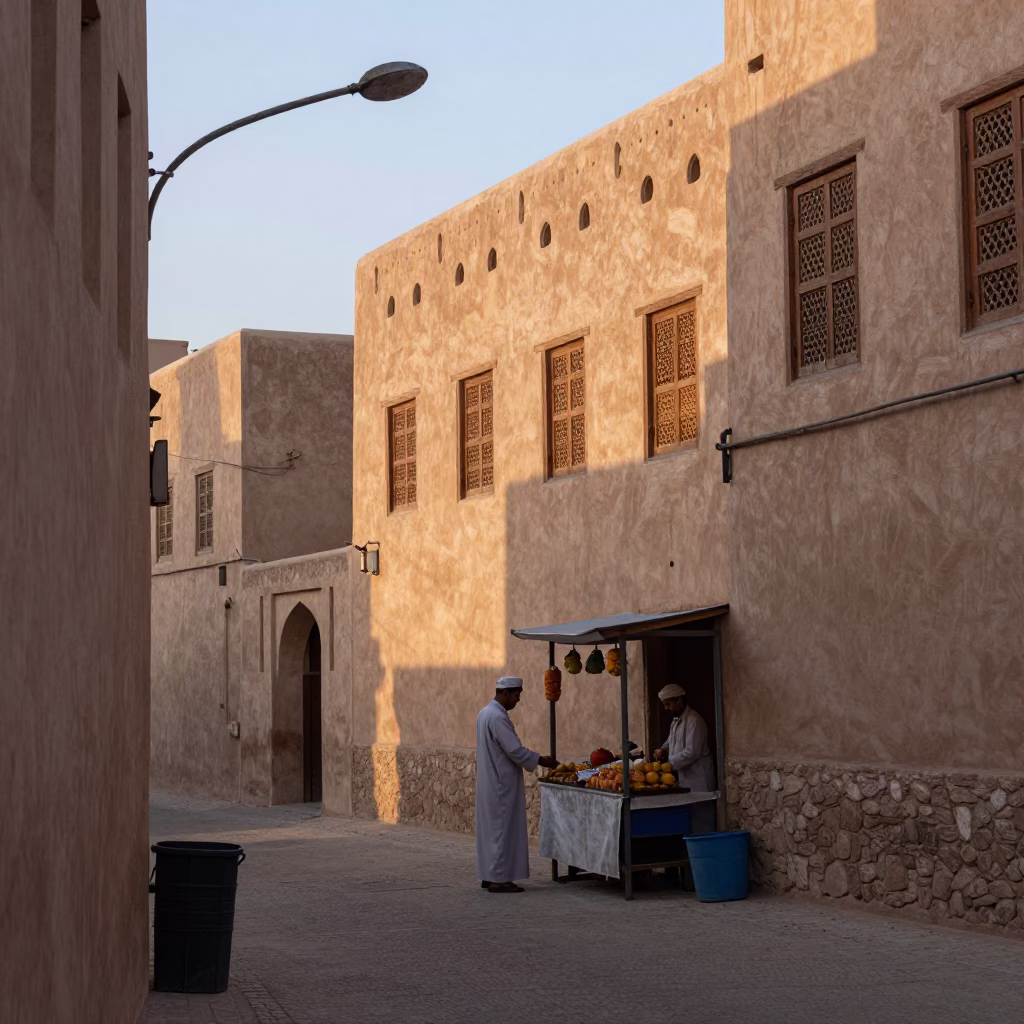 Early Morning Muscat Street Scene with Ladle and Weathered Latch Detail in in Muscat, Oman
