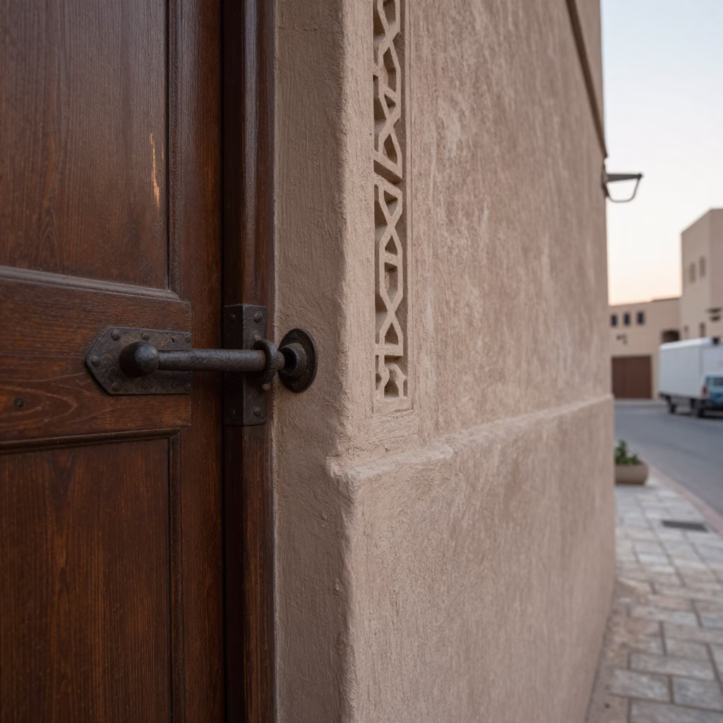 Early Morning Muscat Street Scene with Latch Detail and Local Architecture in in Muscat, Oman