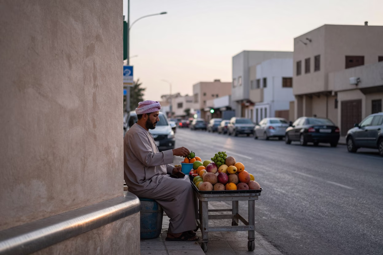 Early Morning Muscat Street Scene with Local Fruit Vendor and Brushed Steel Details in in Muscat, Oman