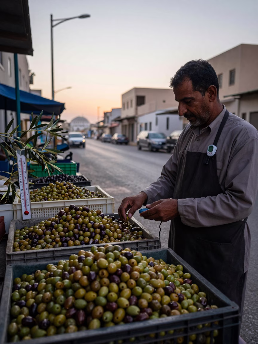 Early Morning Muscat Street Scene with Olives and Thermometer at Local Market in in Muscat, Oman