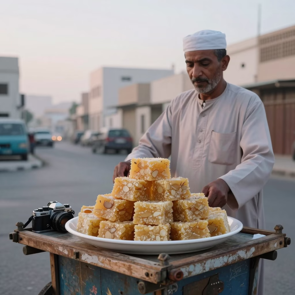 Early Morning Muscat Street Scene with Plate of Fresh Omani Halwa and Traditional Coffee in in Muscat, Oman