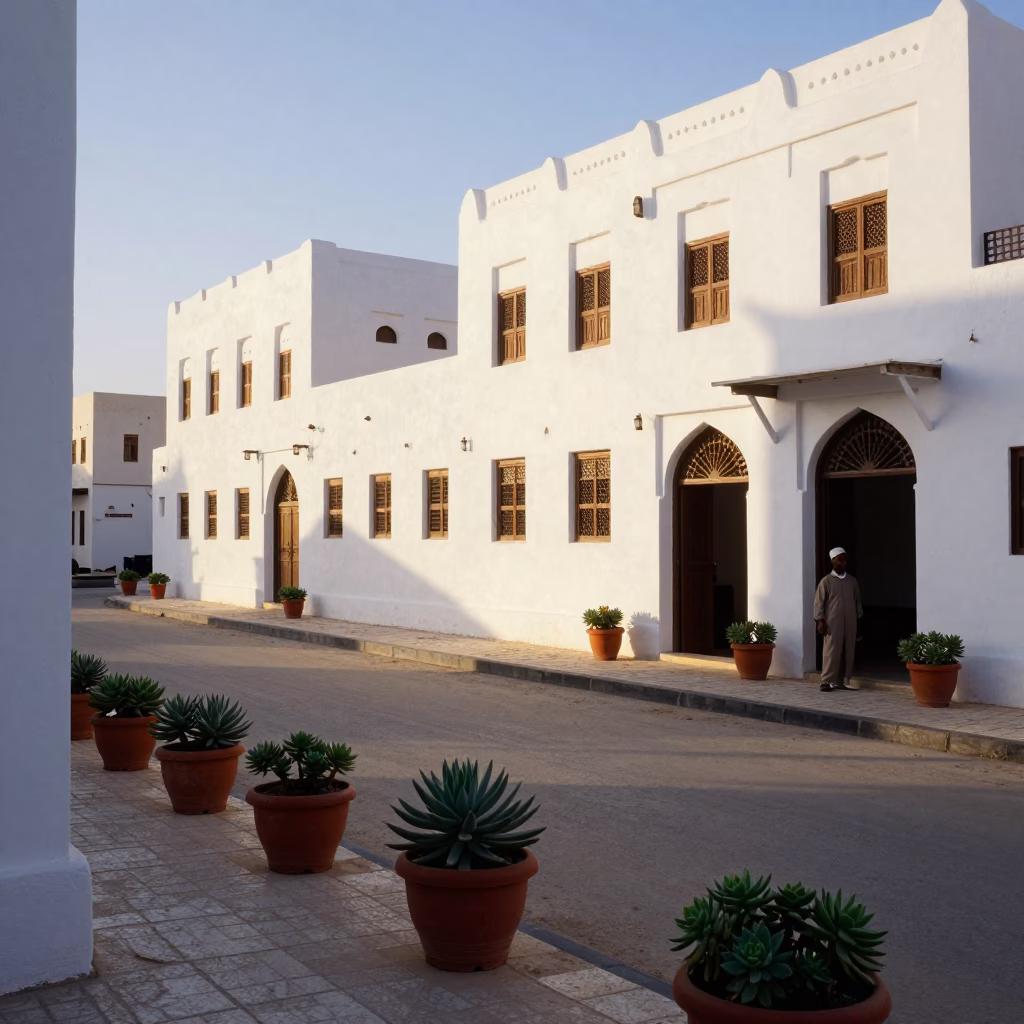 Early Morning Muscat Street Scene with Potted Succulents and Local Life in in Muscat, Oman