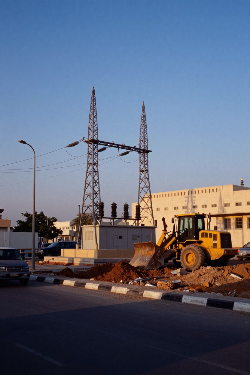 Early Morning Muscat Street Scene with Power Substation and Construction Activity in in Muscat, Oman