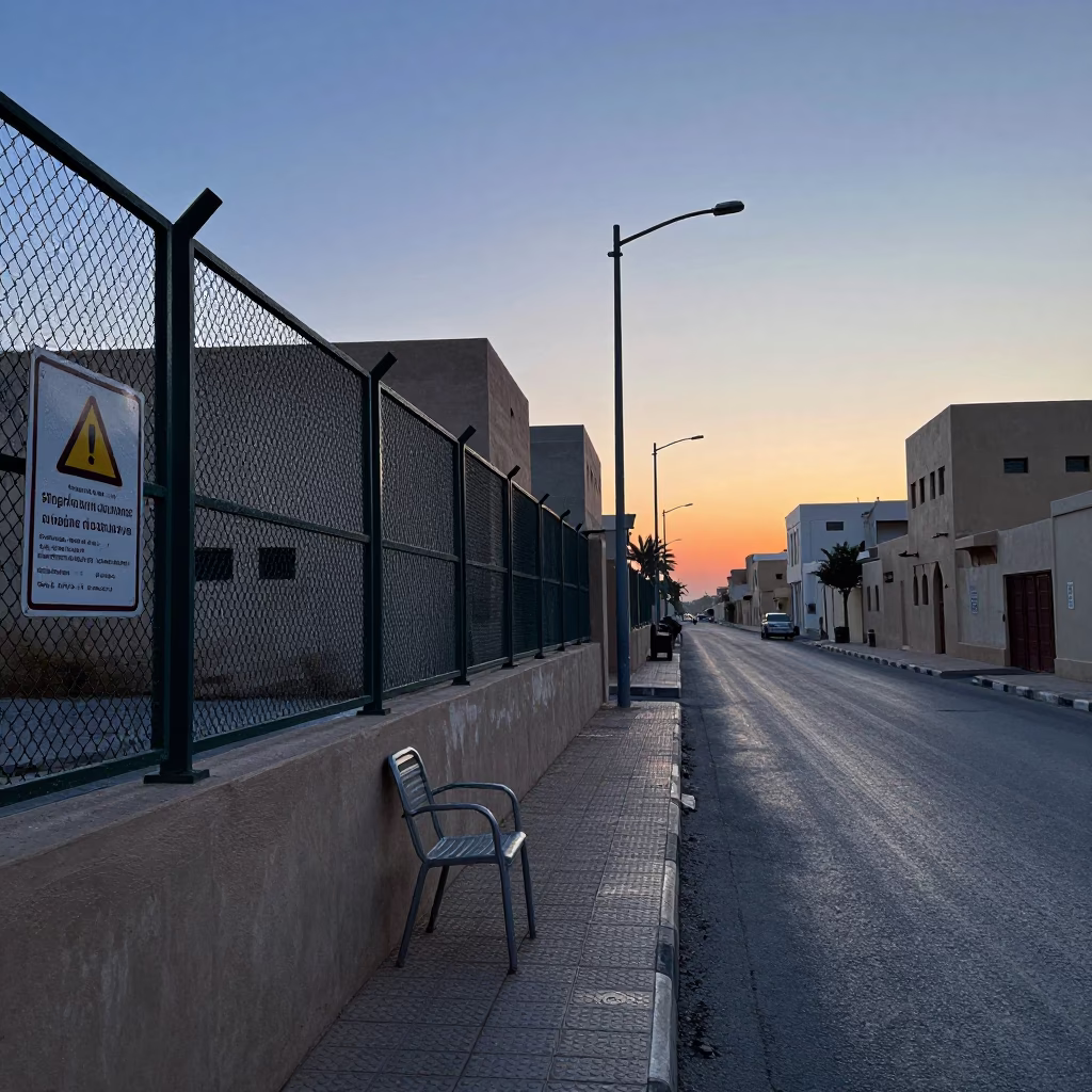 Early Morning Muscat Street Scene with Substation Fence and Dew Before Sunrise in in Muscat, Oman