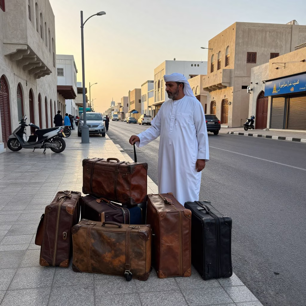 Early Morning Muscat Street Scene with Suitcases and Local Life in Oman in in Muscat, Oman