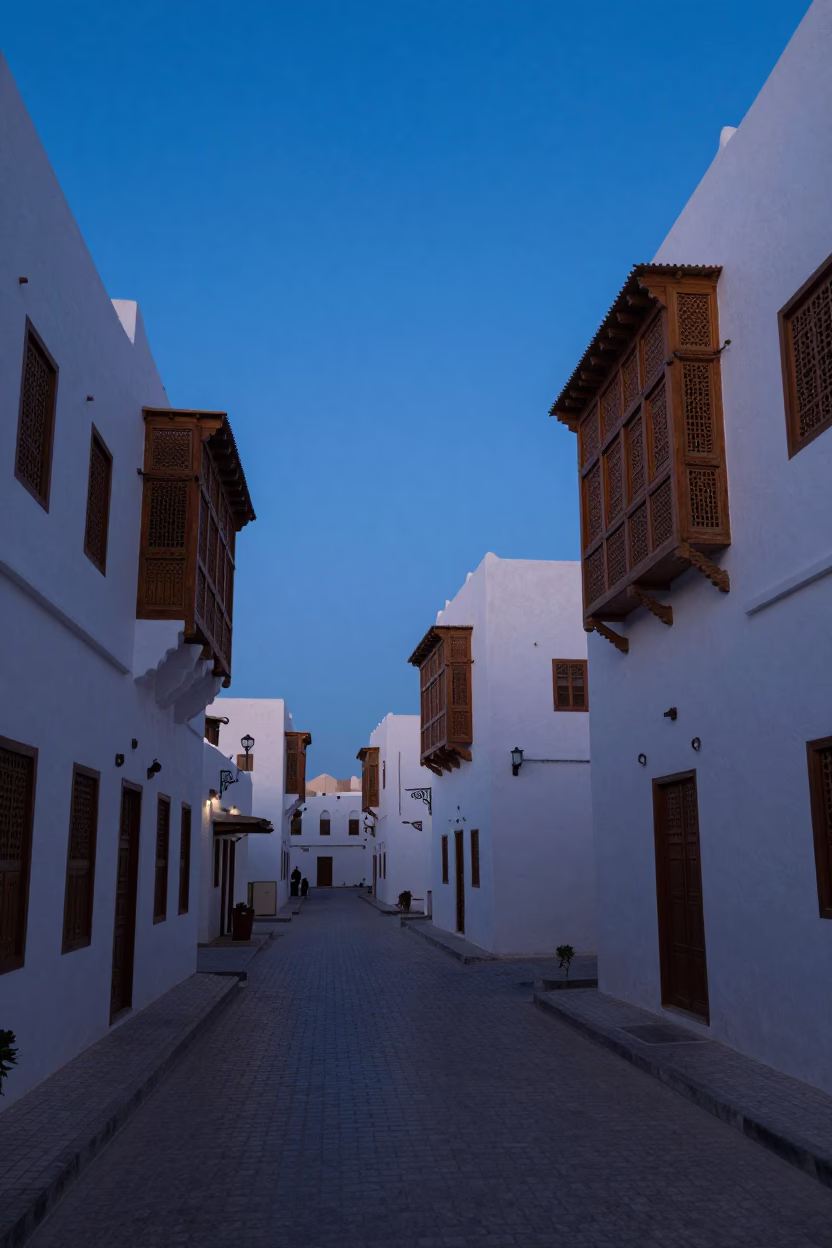 Early Morning Muscat Street Scene with Traditional Omani Architecture and Dawn Light in in Muscat, Oman