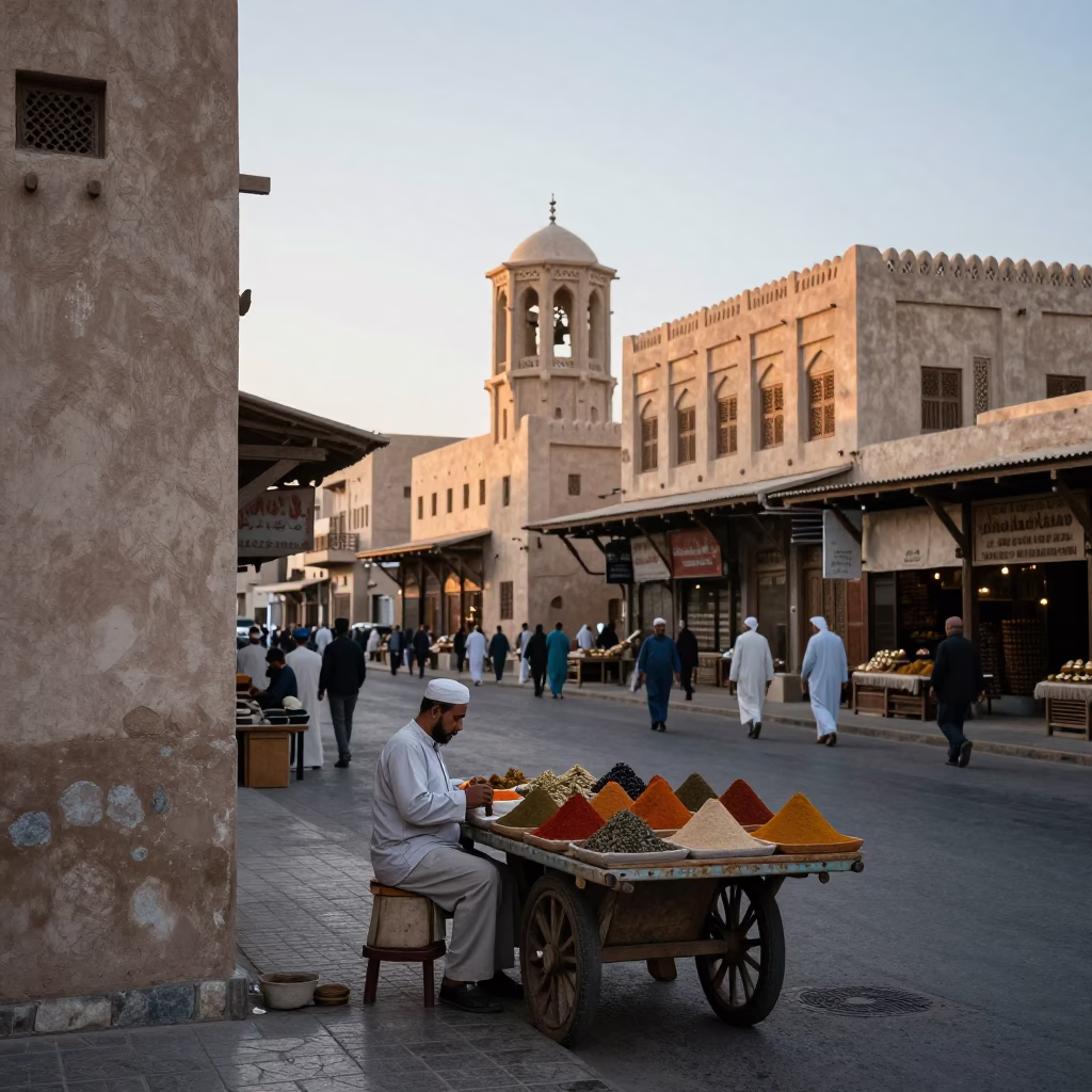 Early Morning Muscat Street Scene with Traditional Omani Architecture and Local Commerce in in Muscat, Oman