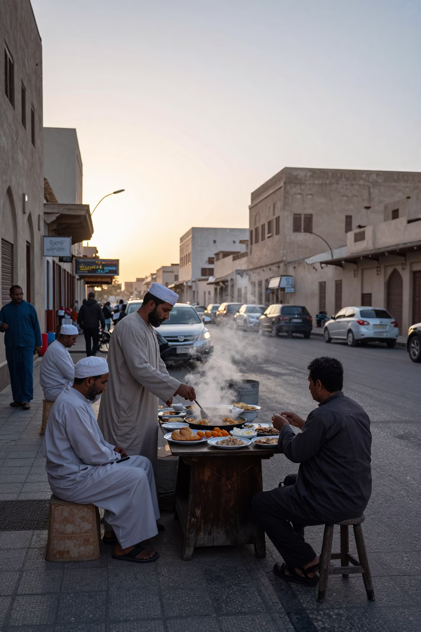 Early Morning Muscat Street Scene with Traditional Omani Breakfast and Local Market Activity in in Muscat, Oman