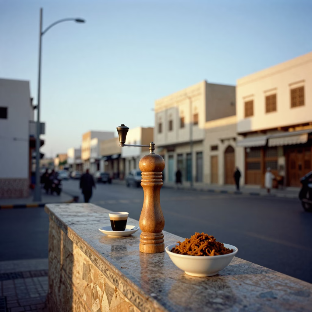 Early Morning Muscat Street Scene with Traditional Omani Coffee and Local Morning Market Activity in in Muscat, Oman
