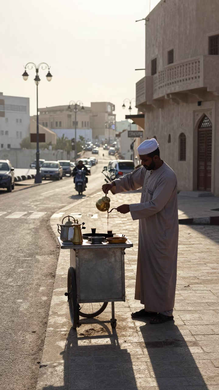 Early Morning Muscat Street Scene with Traditional Omani Coffee Pot and Clay Mug in in Muscat, Oman