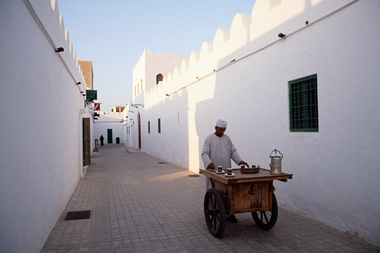Early Morning Muscat Street Scene with Traditional Omani Tea and Fresh Fruit at Dawn in in Muscat, Oman