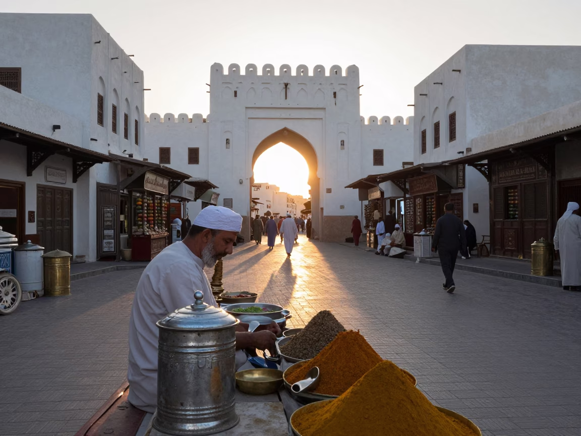Early Morning Muscat Street Scene with Vintage Pin Tin and Trowel on Cobblestone in in Muscat, Oman