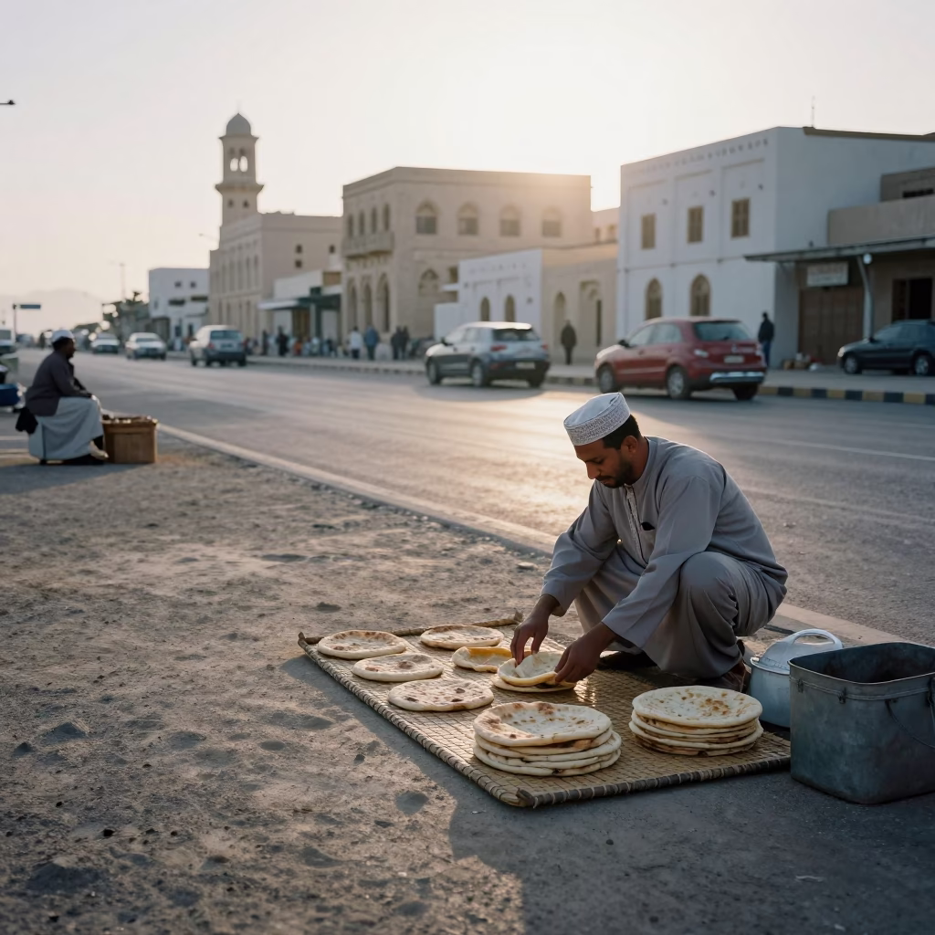 Early Morning Muscat Street Vendor Preparing Traditional Omani Breakfast Near Old City Gate in in Muscat, Oman