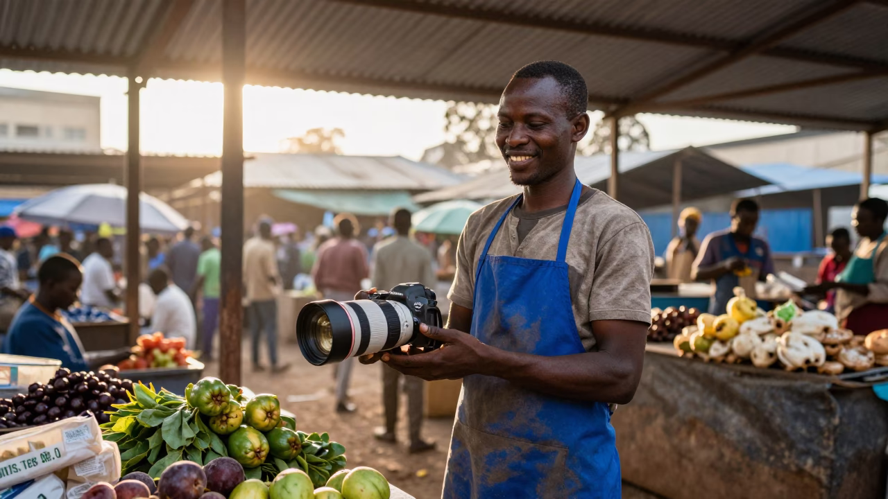 Early Morning Nairobi Market Scene with Vendor Apron and Sewing Scissors in in Nairobi, Kenya