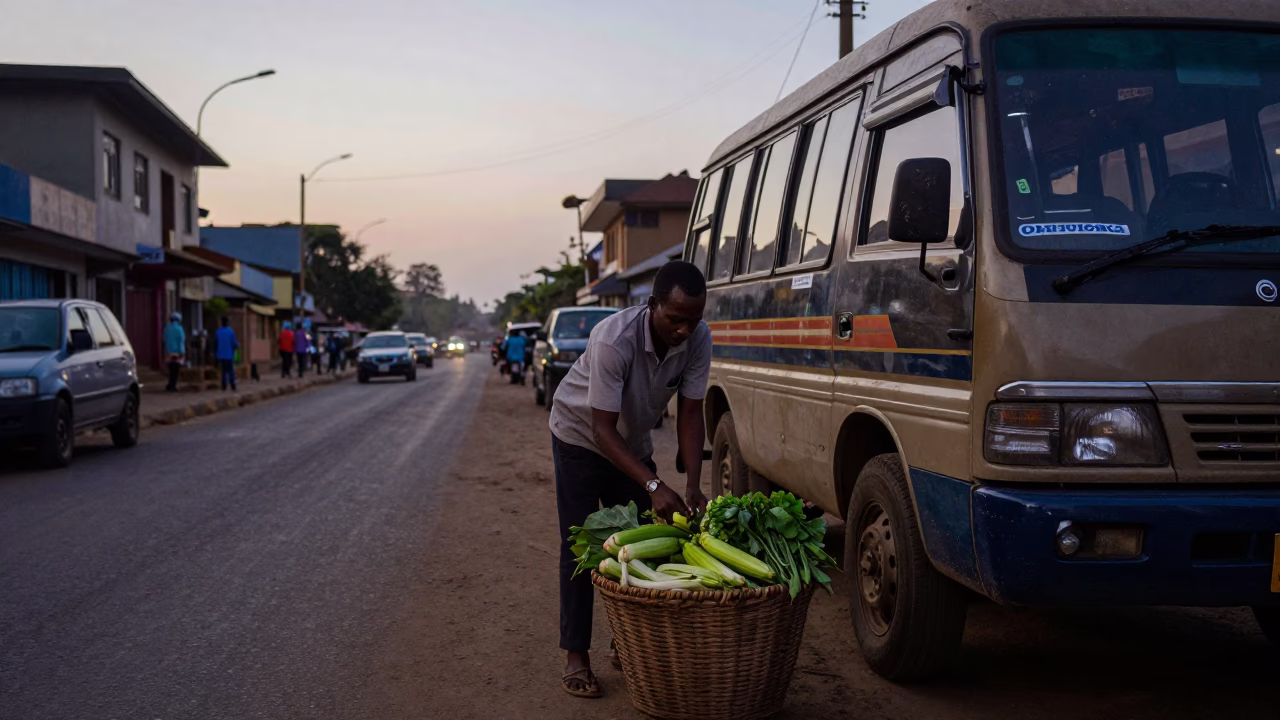 Early Morning Nairobi Street Scene with Basket and Watch in in Nairobi, Kenya