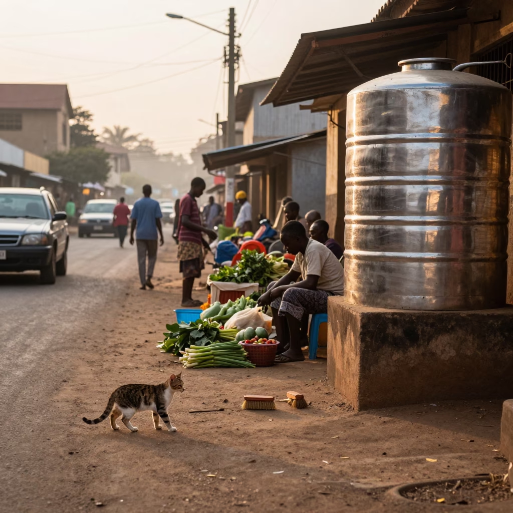Early Morning Nairobi Street Scene with Cat and Brushed Steel Reflection in in Nairobi, Kenya