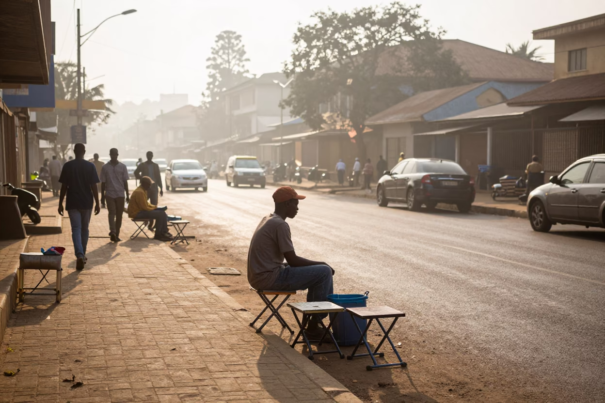 Early Morning Nairobi Street Scene with Folding Stools and Market Activity in in Nairobi, Kenya
