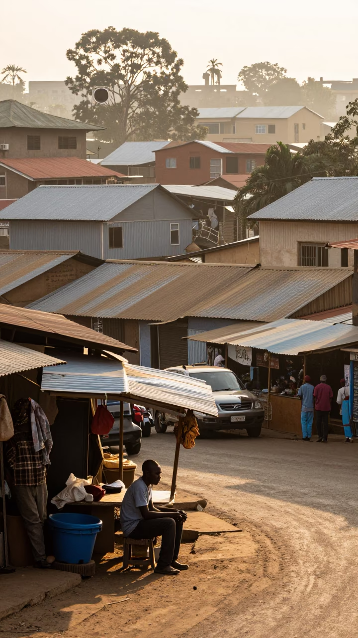 Early Morning Nairobi Street Scene with Local Vendor and Traditional Wooden Flute Player in in Nairobi, Kenya