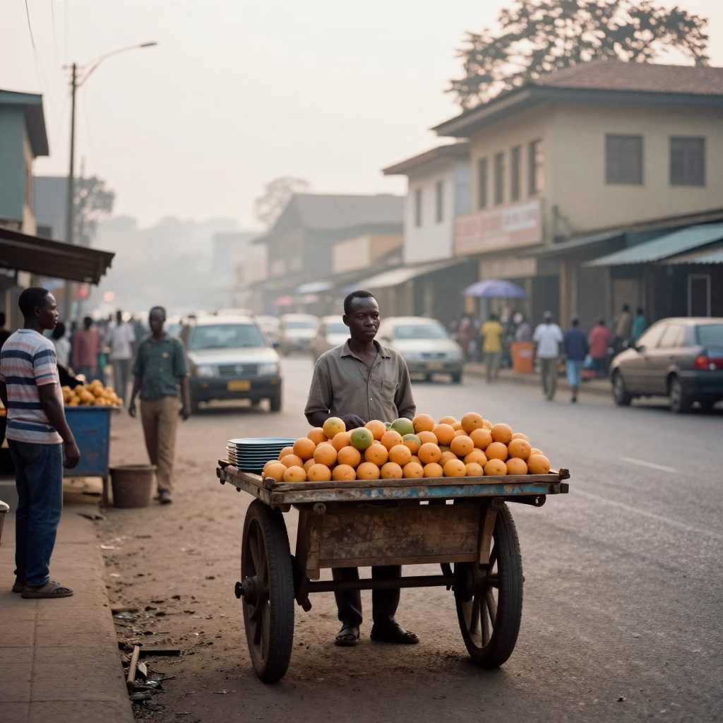 Early Morning Nairobi Street Scene with Oranges and Local Commerce in in Nairobi, Kenya