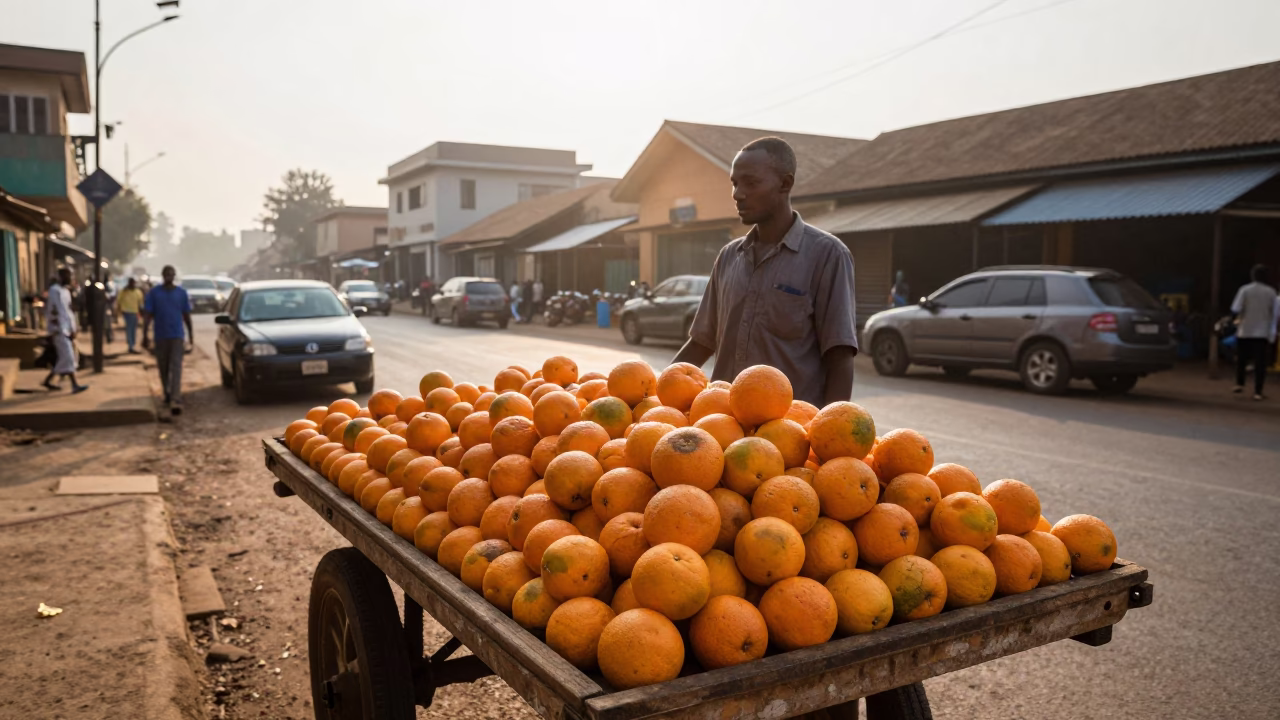 Early Morning Nairobi Street Scene with Oranges and Local Market Activity in in Nairobi, Kenya