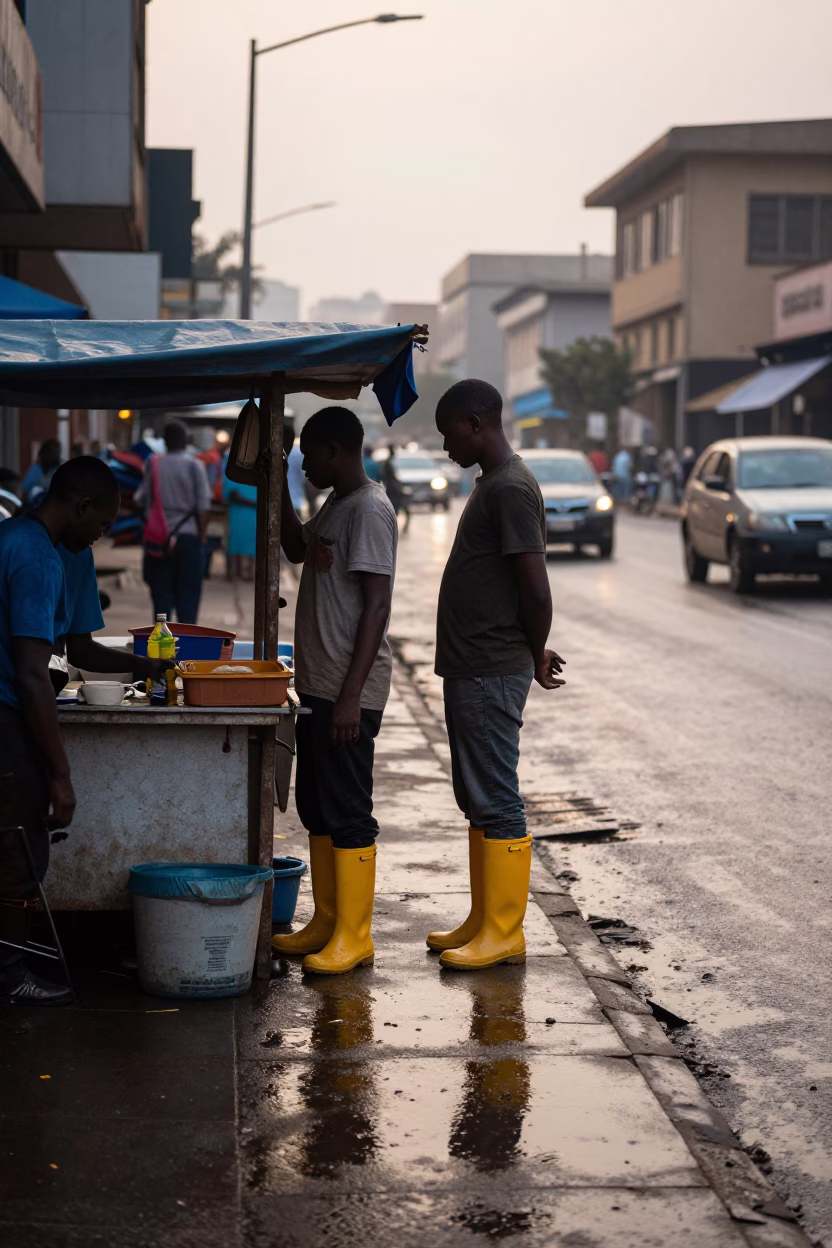 Early Morning Nairobi Street Scene with Rain Boots and Local Commerce in in Nairobi, Kenya
