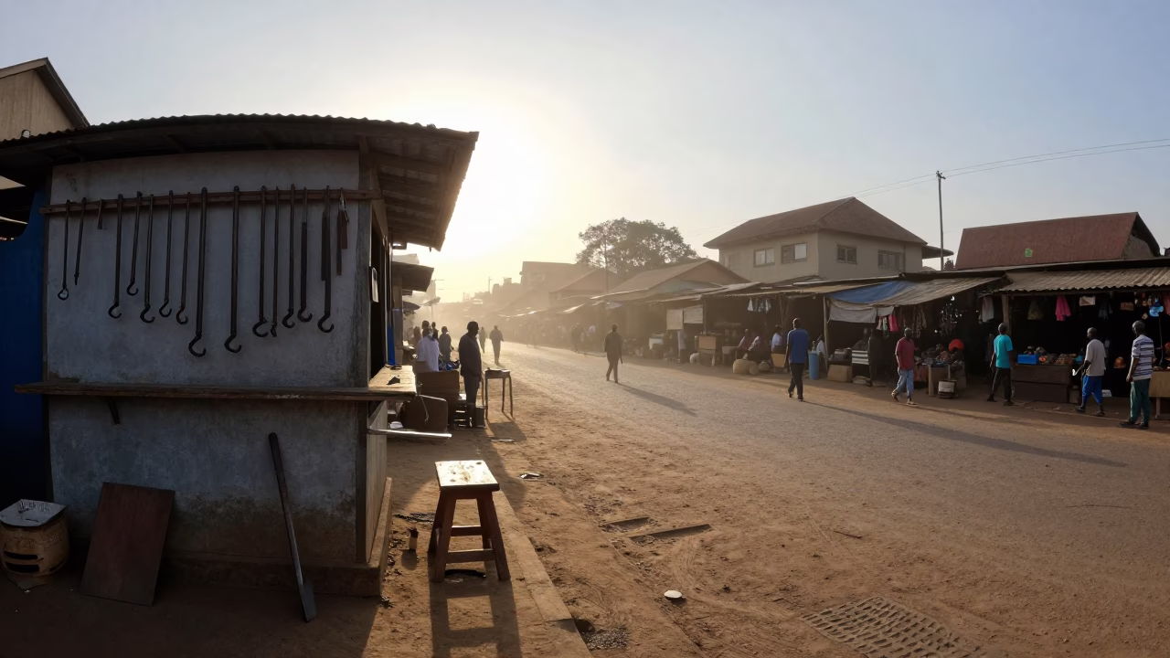 Early Morning Nairobi Street Scene with Stool and Tool Hooks Near Market Stall in in Nairobi, Kenya