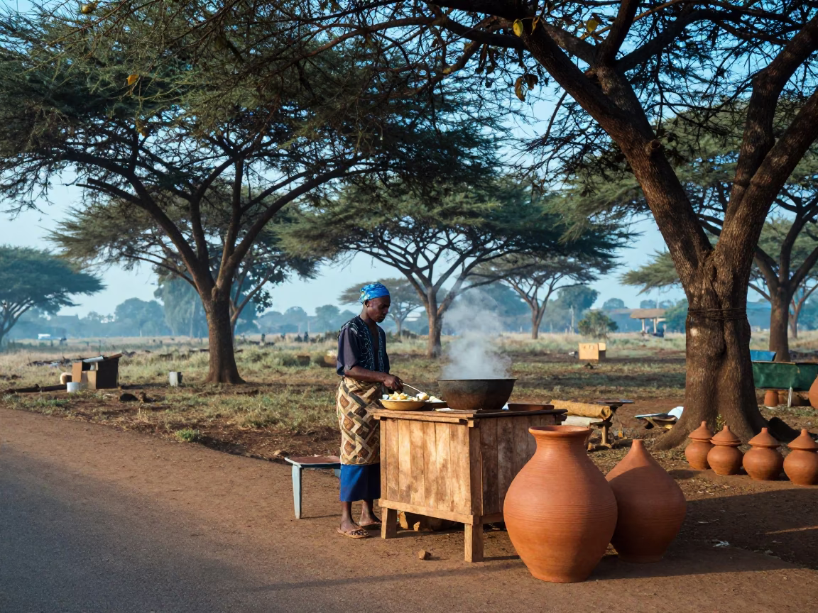 Early Morning Nairobi Street Vendor Cooking Breakfast in Clay Pot in in Nairobi, Kenya