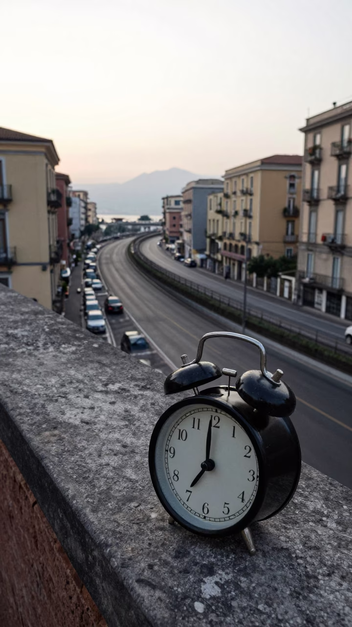 Early Morning Naples Italy Street Scene with Alarm Clock and Concrete Viaduct in in Naples, Italy