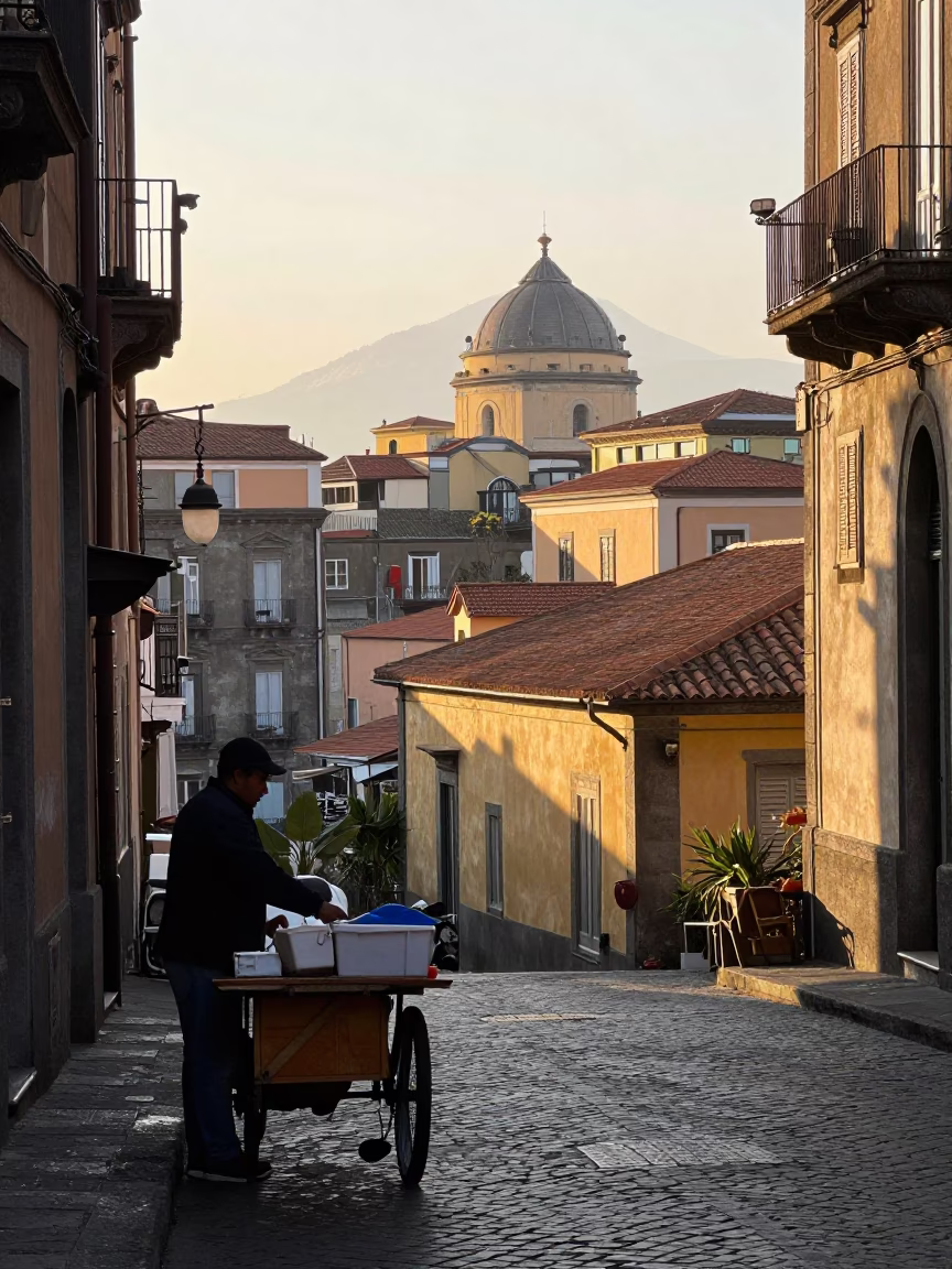 Early Morning Naples Italy Street Scene with Local Vendor and Daily Life in in Naples, Italy