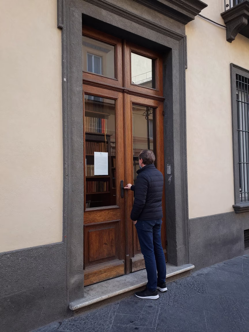 Early Morning Naples Italy Street Scene with Teacher Unlocking School Library in in Naples, Italy