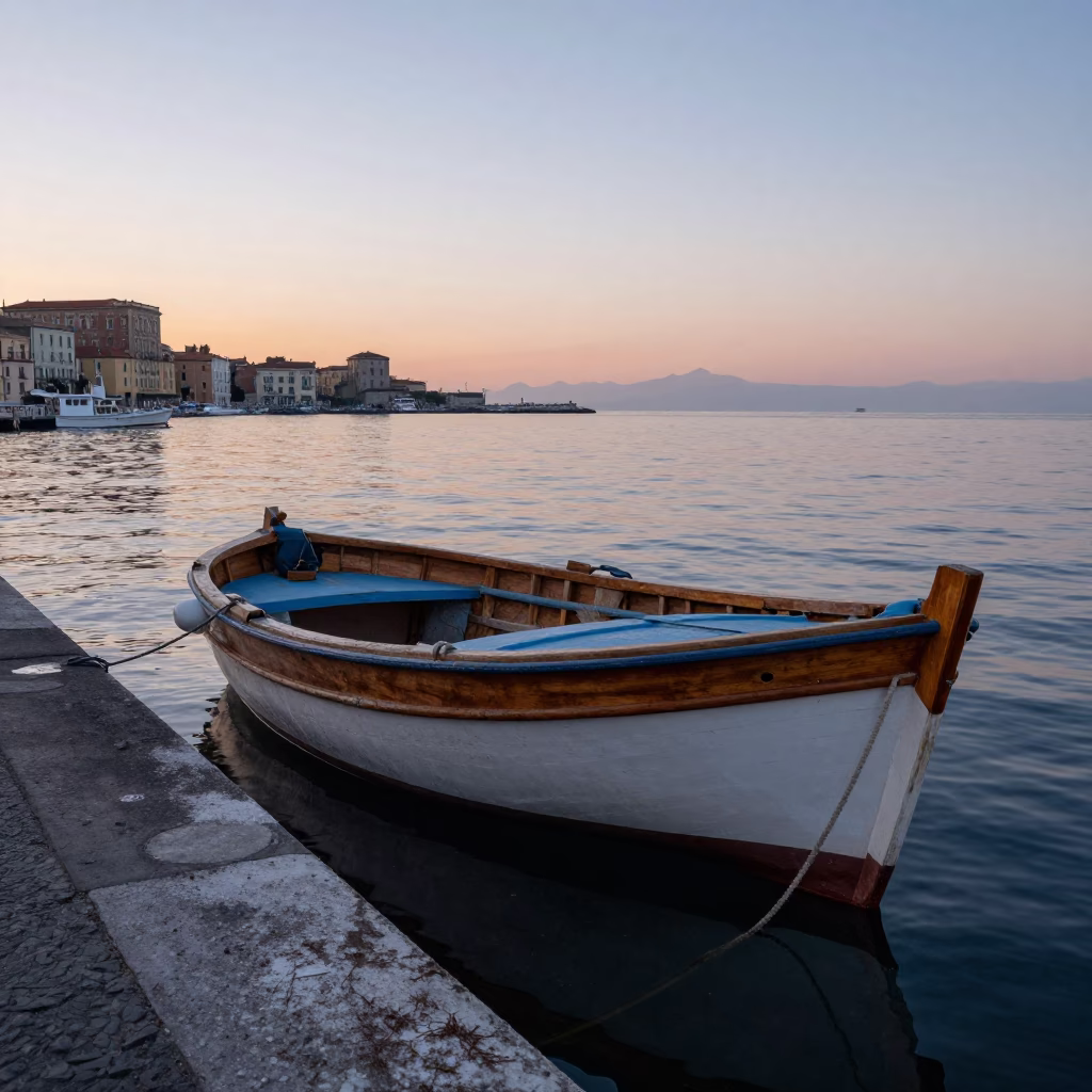 Early Morning Naples Italy Street Scene with Wooden Fishing Boat at Anchor in in Naples, Italy