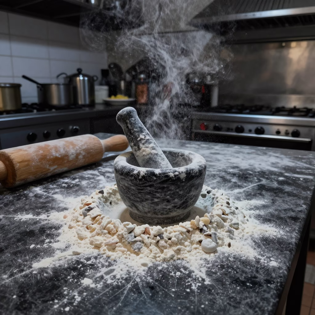 Early Morning Naples Kitchen Flour Dust and Mortar Pestle Before Sunrise in in Naples, Italy