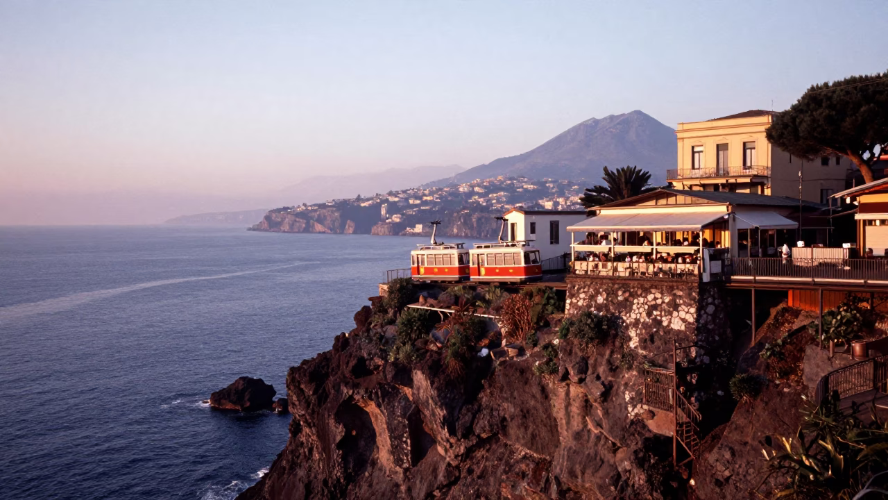 Early Morning Naples Landscape with Funicular Approaching Cliffside Restaurant and Fig Tree in in Naples, Italy