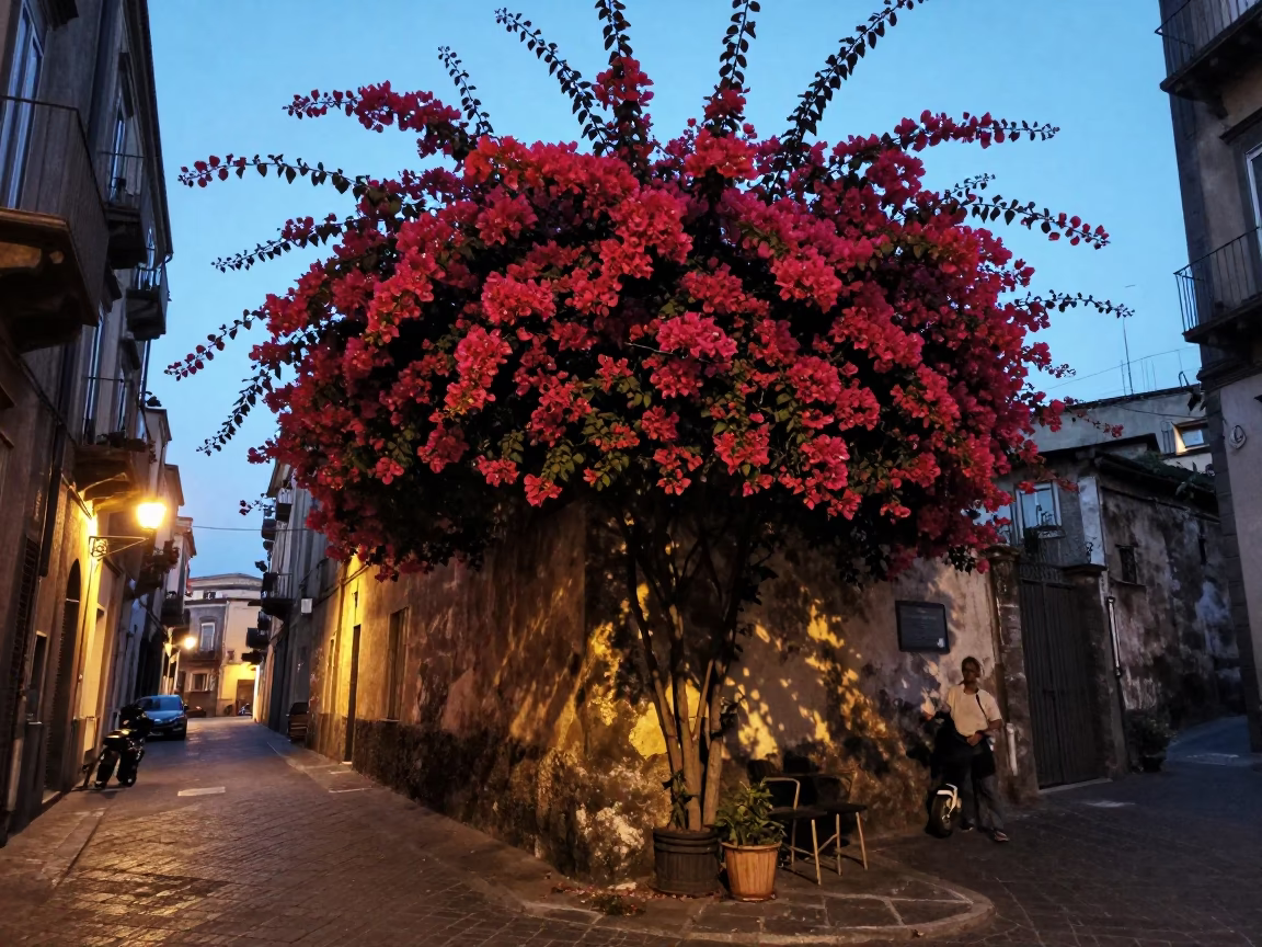 Early Morning Naples Street Scene with Bougainvillea and Local Details in in Naples, Italy