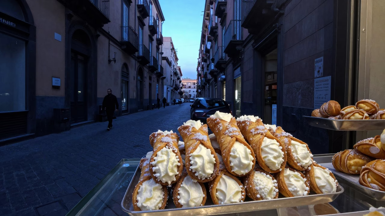 Early Morning Naples Street Scene with Cannoli and Local Bakery Activity in in Naples, Italy