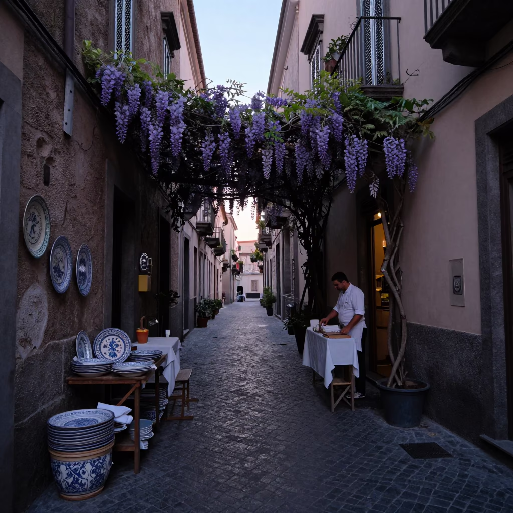 Early Morning Naples Street Scene with Ceramic Plates and Wisteria Before Sunrise in in Naples, Italy