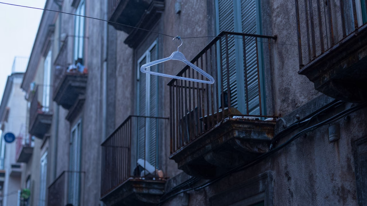 Early Morning Naples Street Scene with Condensation on Metal Railings and Vintage Laundry in in Naples, Italy