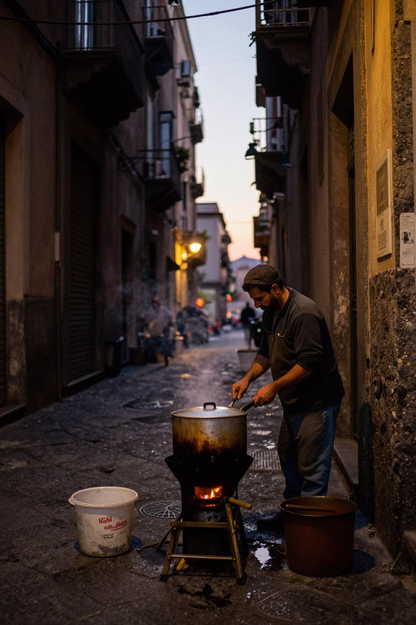 Early Morning Naples Street Scene with Cooking Pot and Brushed Steel Edge Before Dawn in in Naples, Italy