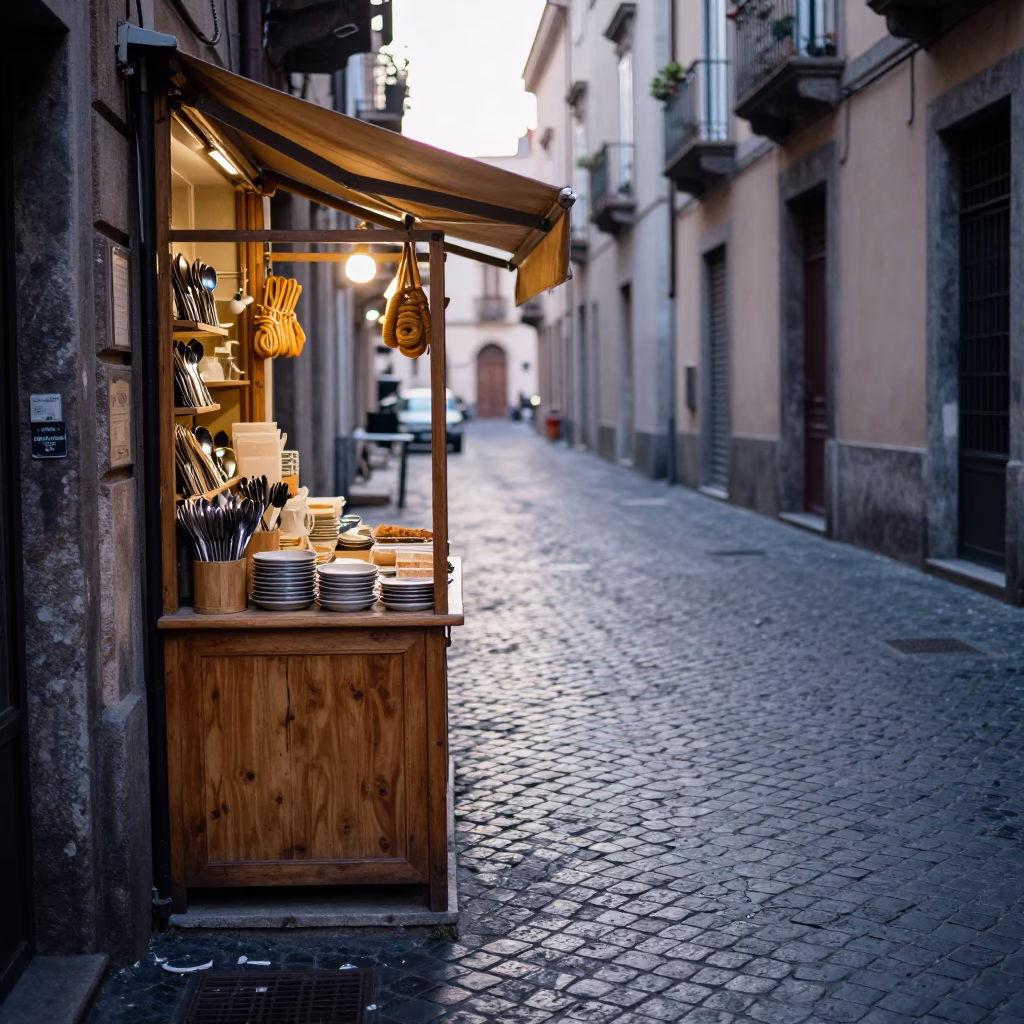 Early Morning Naples Street Scene with Cutlery and Coiled Rope in in Naples, Italy