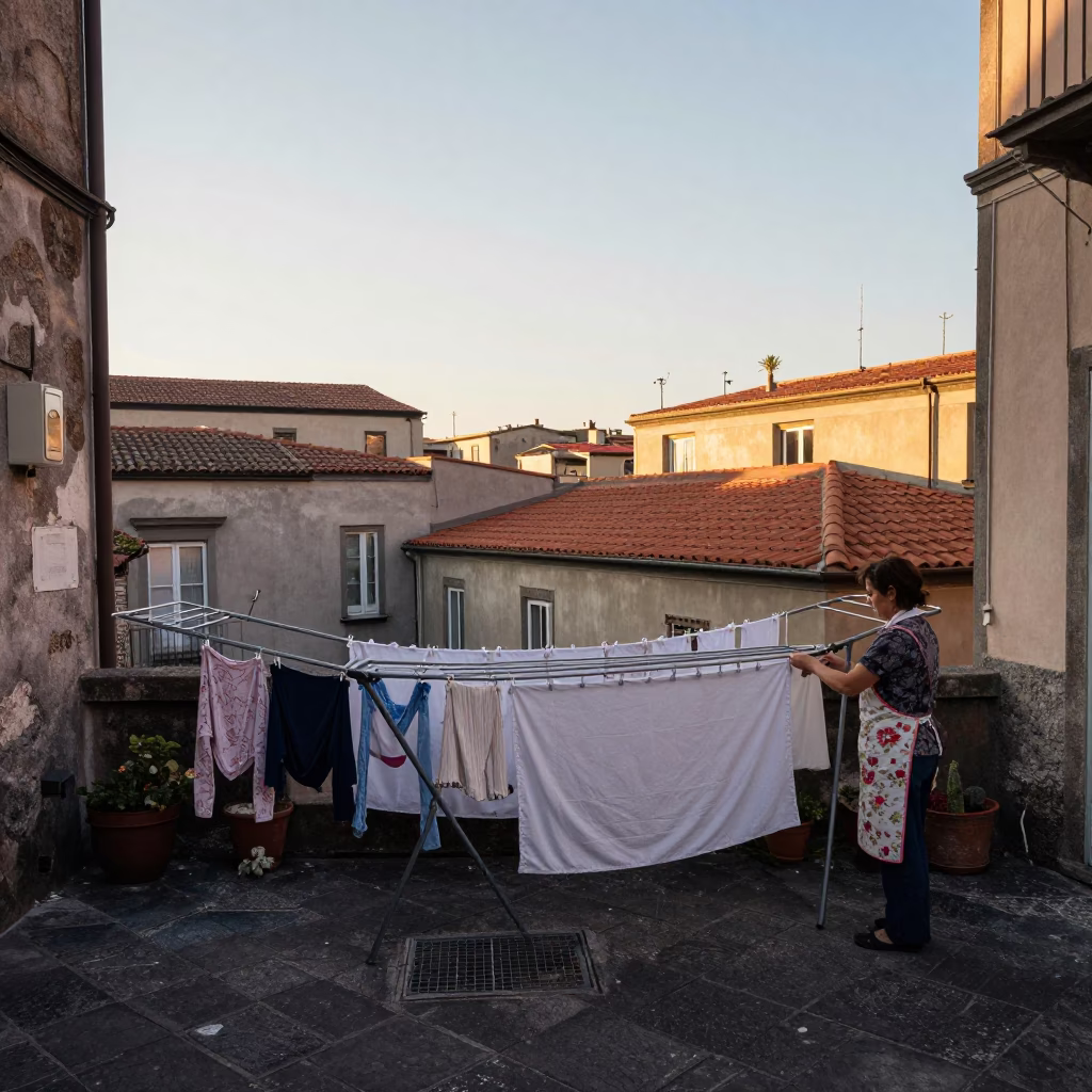 Early Morning Naples Street Scene with Drying Rack and Brushed Steel Handle in in Naples, Italy