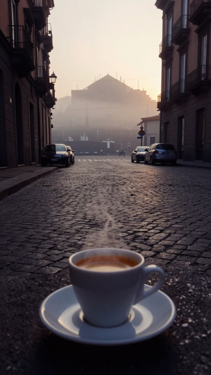 Early Morning Naples Street Scene with Espresso Cup and Cat Catenary Fog in in Naples, Italy