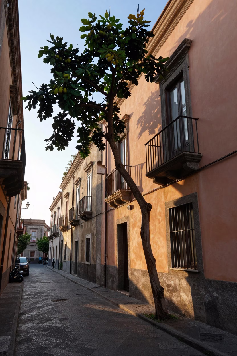 Early Morning Naples Street Scene with Fig Tree and Biscuit Tin in in Naples, Italy