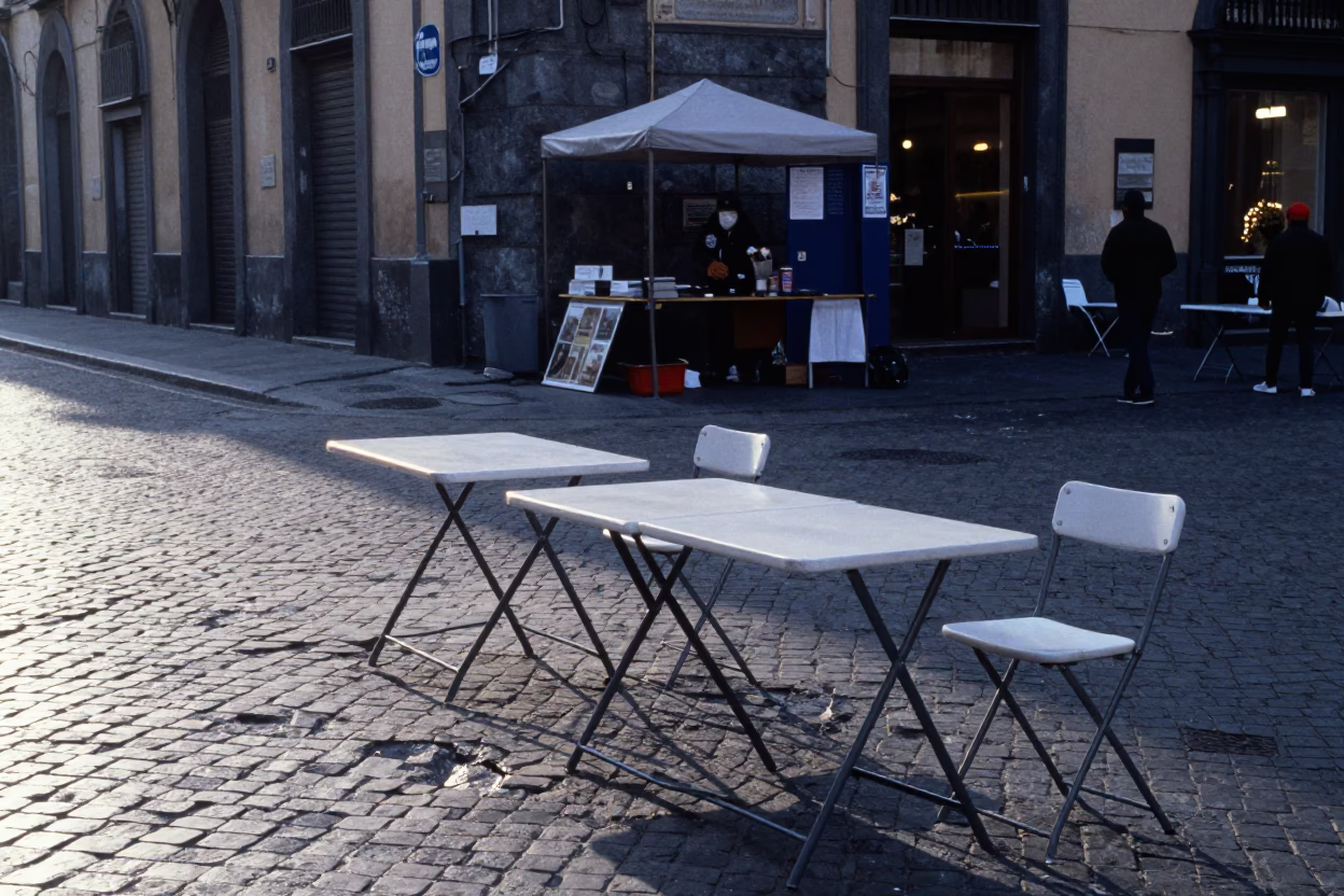 Early Morning Naples Street Scene with Folding Tables and Padlock in in Naples, Italy