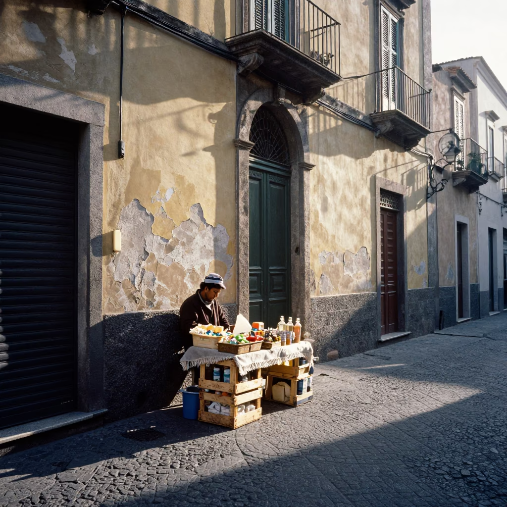 Early Morning Naples Street Scene with Linen Fringe and Cookie Tin in in Naples, Italy