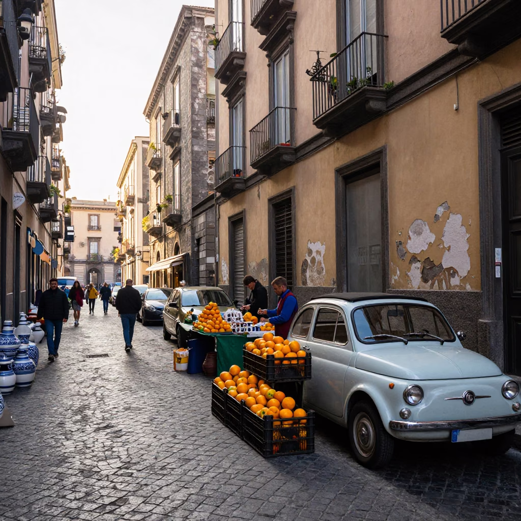 Early Morning Naples Street Scene with Local Market Activity and Vintage Car in in Naples, Italy