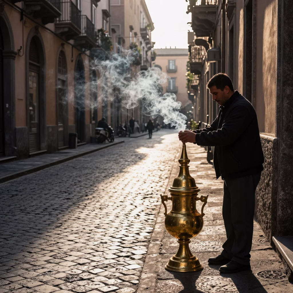Early Morning Naples Street Scene with Ottoman Censer Smoke and Local Bakery Details in in Naples, Italy
